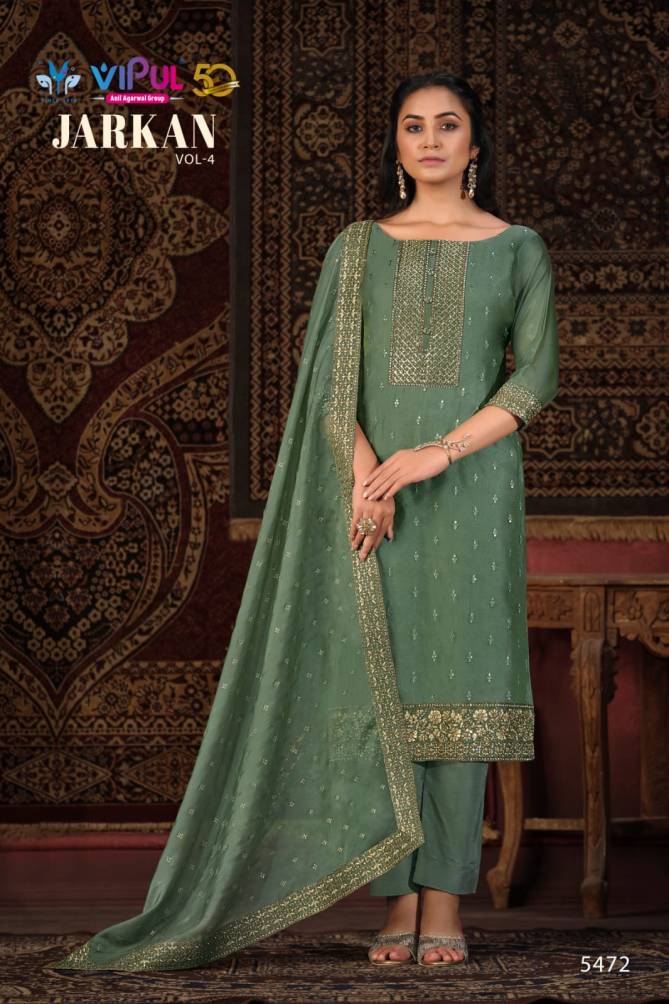 Jarkan Vol 4 By Vipul Shimmer Organza Embroidery Salwar Kameez Wholesale Shop In Surat
